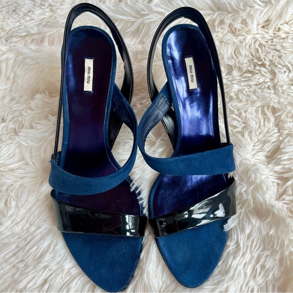 Miu Miu Navy Blue Suede Black Patent Leather Slingback Heels Sandals Size 9.5 - Picture 8 of 14